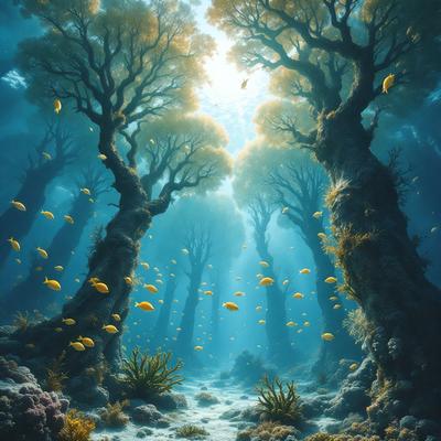 The primary subject of the image is a vibrant underwater scene featuring a variety of fish and coral. The setting is a lush, colorful underwater environment with a blue background. The visual style is a combination of photo and digital art, creating a realistic and captivating representation of the underwater world. The colors and mood are lively and energetic, with a strong focus on the beauty and diversity of marine life.